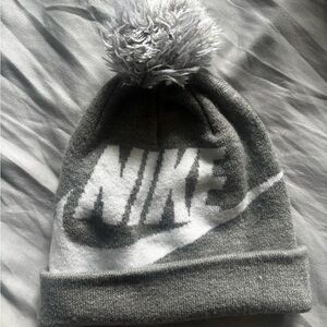 Nike Gray and White Beanie with Pom-Pom